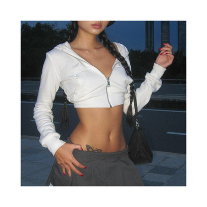 American sexy hot girl short high waisted hooded sweatshirt women s spring and autumn zipper cardigan pocket hooded long sleeved top image 1