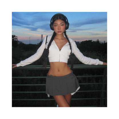 American sexy hot girl short high waisted hooded sweatshirt women s spring and autumn zipper cardigan pocket hooded long sleeved top image 3