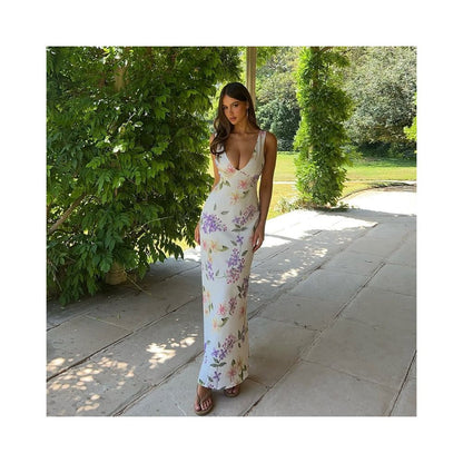 Shemoda French vacation style floral V neck camisole dress with a feminine feel featuring a backless high waisted slim fit and knee length skirt image 1