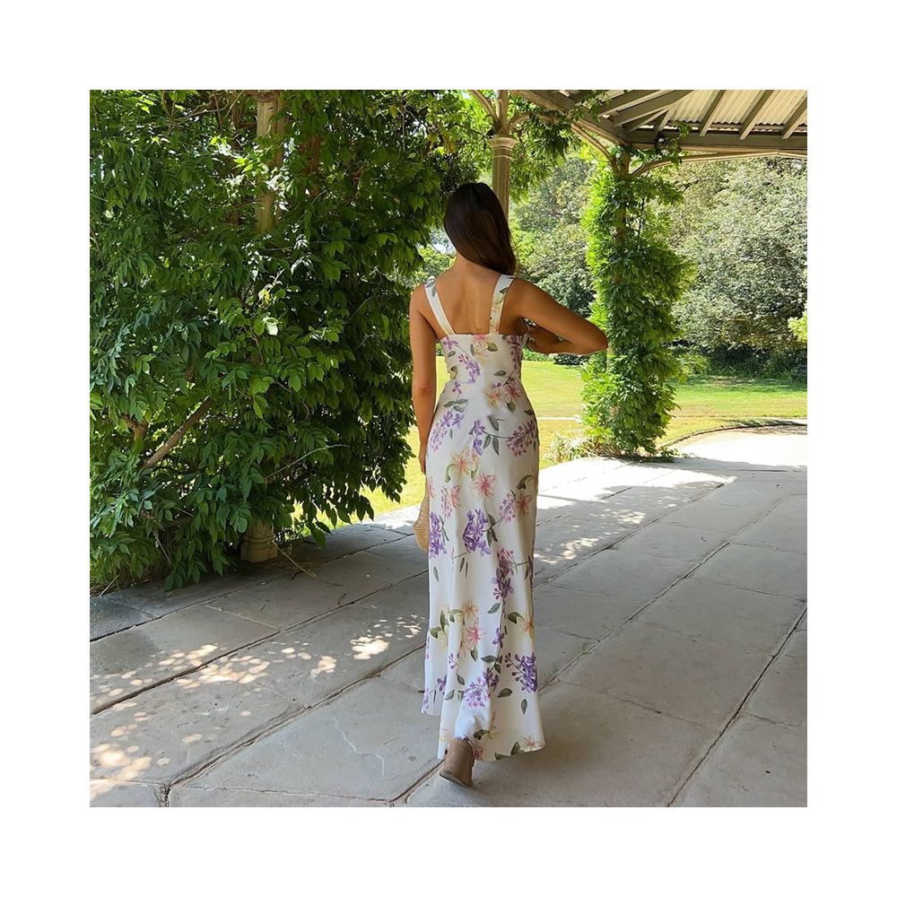 Shemoda French vacation style floral V neck camisole dress with a feminine feel featuring a backless high waisted slim fit and knee length skirt image 3