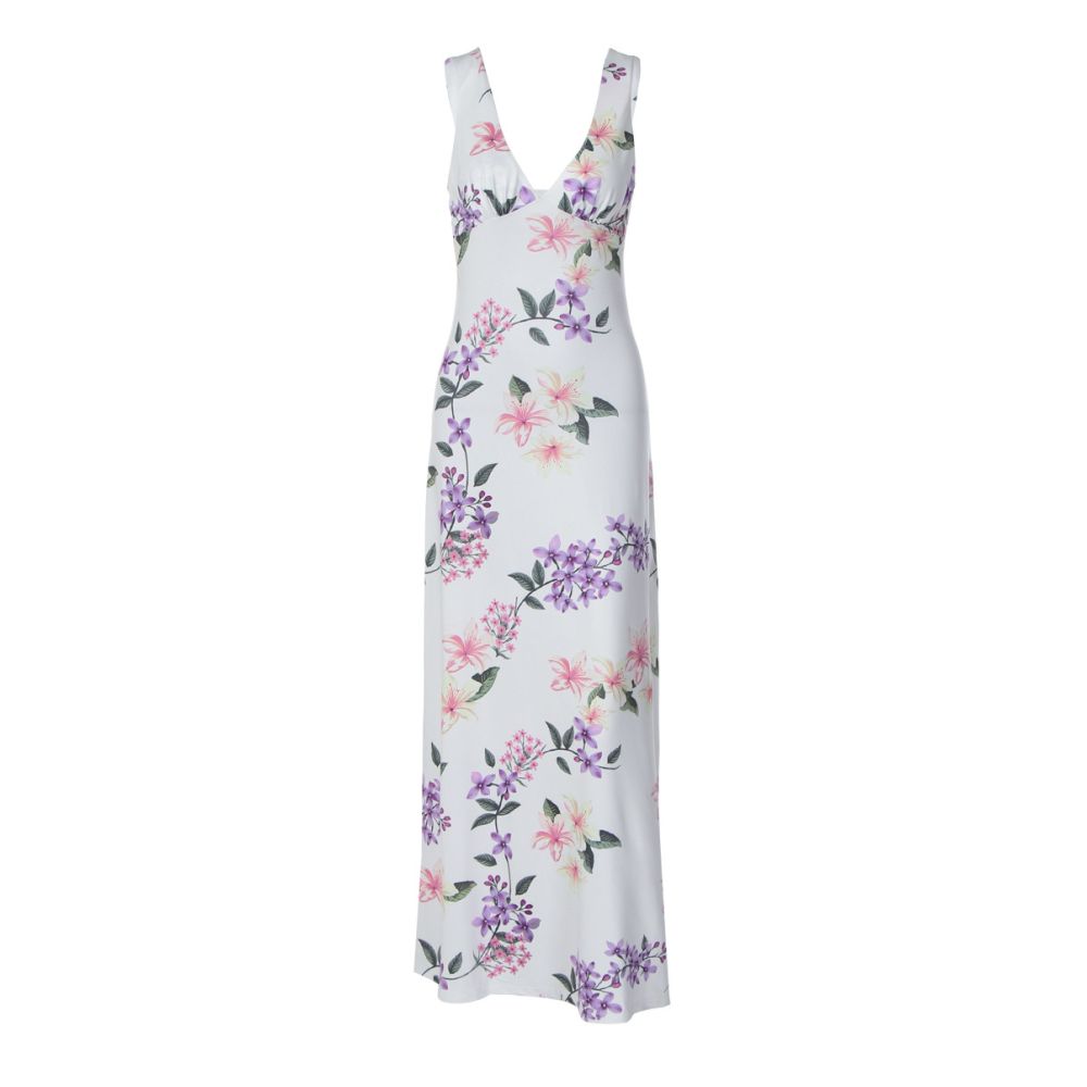 Shemoda French vacation style floral V neck camisole dress with a feminine feel featuring a backless high waisted slim fit and knee length skirt image 5