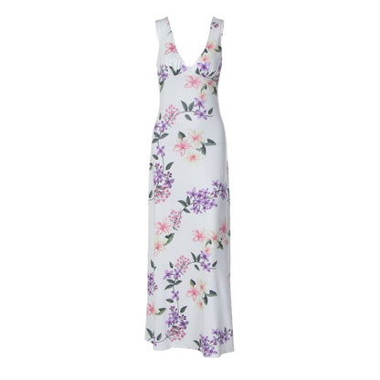 Shemoda French vacation style floral V neck camisole dress with a feminine feel featuring a backless high waisted slim fit and knee length skirt image 5