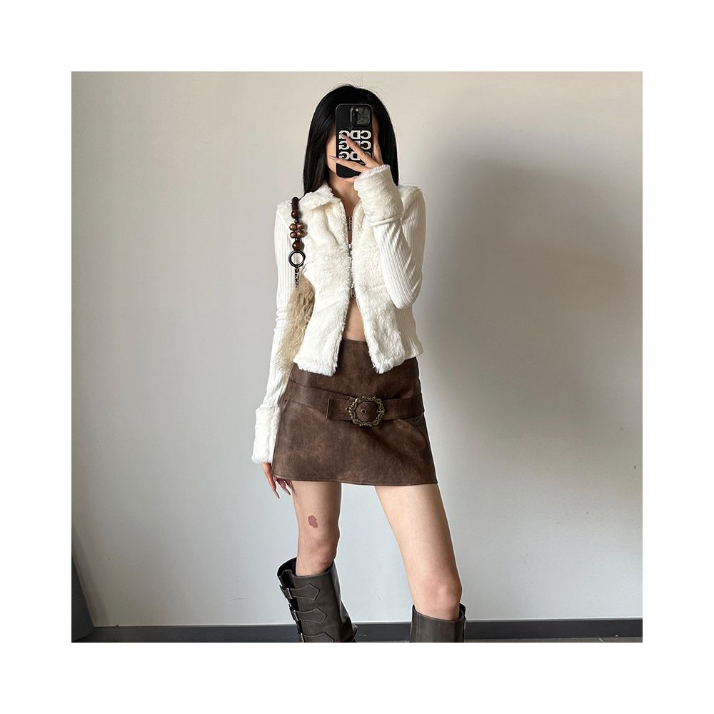 Shemoda double sided zipper cardigan with furry patchwork long sleeved top for autumn and winter slim fit and slimming knitted sweater for women image 2