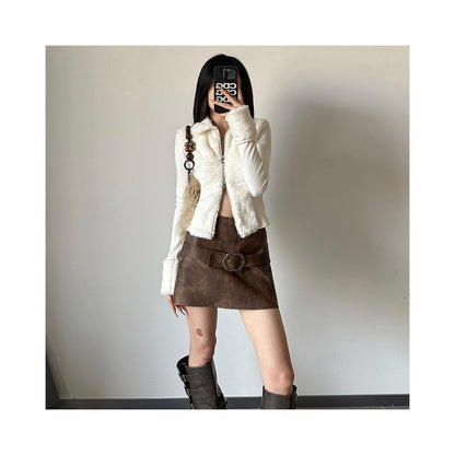 Shemoda double sided zipper cardigan with furry patchwork long sleeved top for autumn and winter slim fit and slimming knitted sweater for women image 2