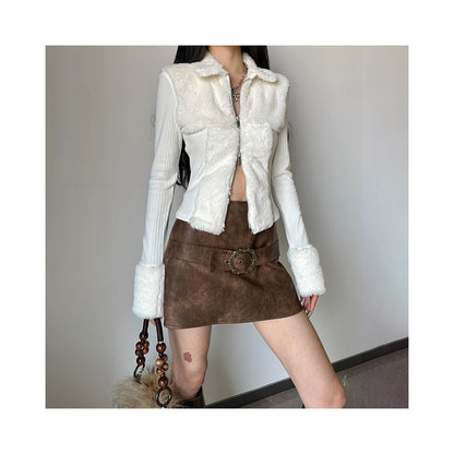 Shemoda double sided zipper cardigan with furry patchwork long sleeved top for autumn and winter slim fit and slimming knitted sweater for women image 0