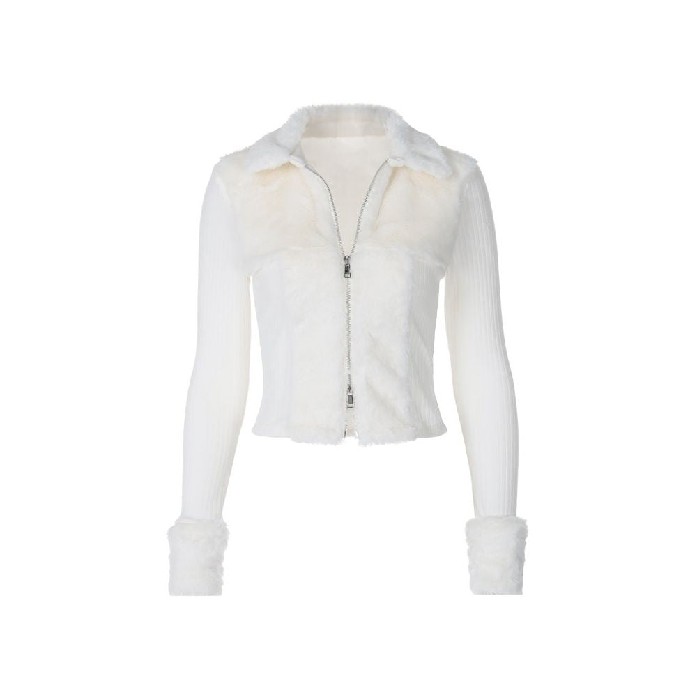Shemoda double sided zipper cardigan with furry patchwork long sleeved top for autumn and winter slim fit and slimming knitted sweater for women