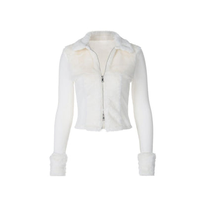 Shemoda double sided zipper cardigan with furry patchwork long sleeved top for autumn and winter slim fit and slimming knitted sweater for women