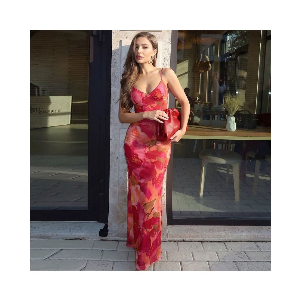Shemoda vacation style personalized printed double layer mesh splicing V neck suspender dress women s good medicine slim fit long skirt image 0