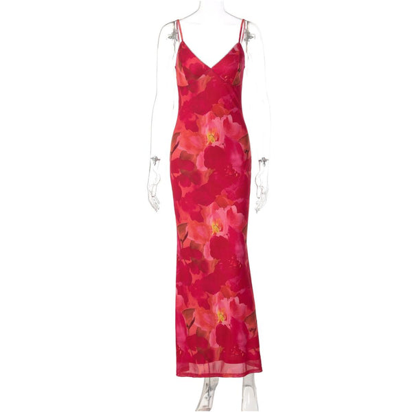 Double layer mesh splicing V neck suspender dress