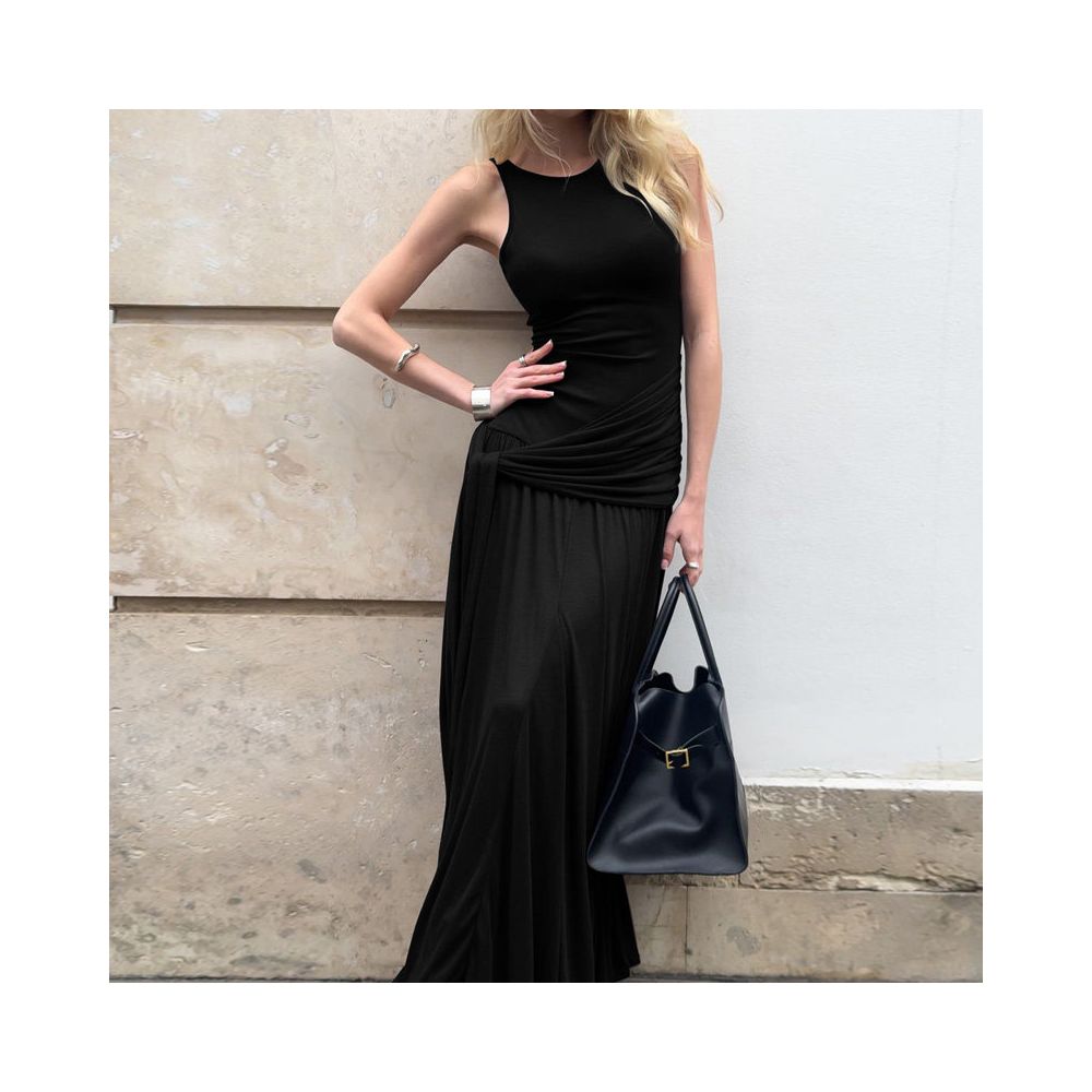 Shemoda European and American style round neck sleeveless dress for women with elastic slim fit straps and high waist pleated long skirt