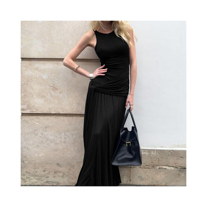 Shemoda European and American style round neck sleeveless dress for women with elastic slim fit straps and high waist pleated long skirt