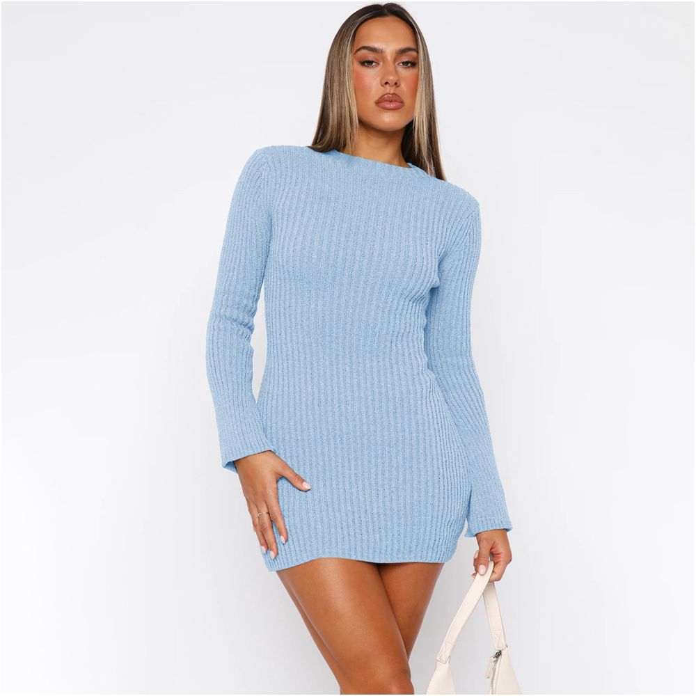 Shemoda European and American Ins style knitted long sleeved dress for women in autumn and winter solid color daily versatile slim fit hip hugging short skirt image 3
