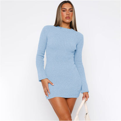 Shemoda European and American Ins style knitted long sleeved dress for women in autumn and winter solid color daily versatile slim fit hip hugging short skirt image 3