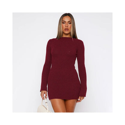 Shemoda European and American Ins style knitted long sleeved dress for women in autumn and winter solid color daily versatile slim fit hip hugging short skirt