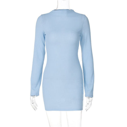 Shemoda European and American Ins style knitted long sleeved dress for women in autumn and winter solid color daily versatile slim fit hip hugging short skirt