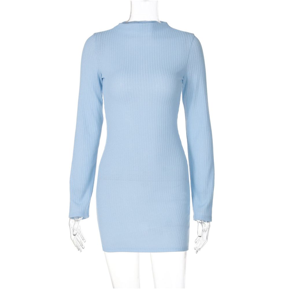 Shemoda European and American Ins style knitted long sleeved dress for women in autumn and winter solid color daily versatile slim fit hip hugging short skirt