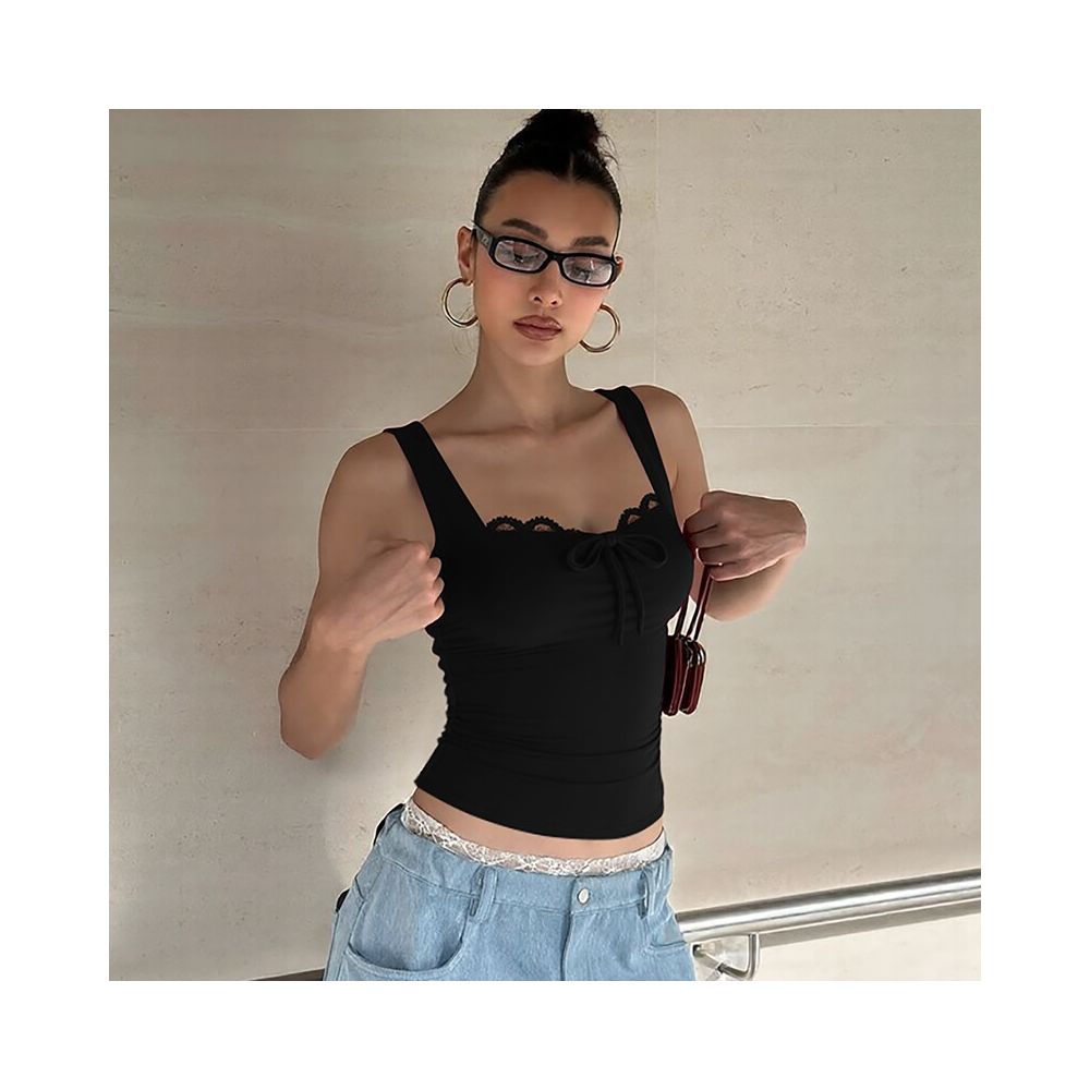 Shemoda European and American style square neck lace patchwork drawstring tank top for women slim fit and slimming spicy girl short top image 4