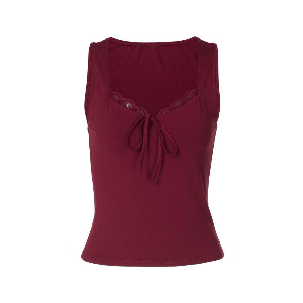 Shemoda European and American style square neck lace patchwork drawstring tank top for women slim fit and slimming spicy girl short top image 5