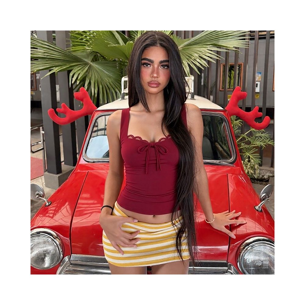 Shemoda European and American style square neck lace patchwork drawstring tank top for women slim fit and slimming spicy girl short top image 0