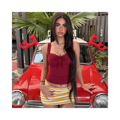 Shemoda European and American style square neck lace patchwork drawstring tank top for women slim fit and slimming spicy girl short top image 0