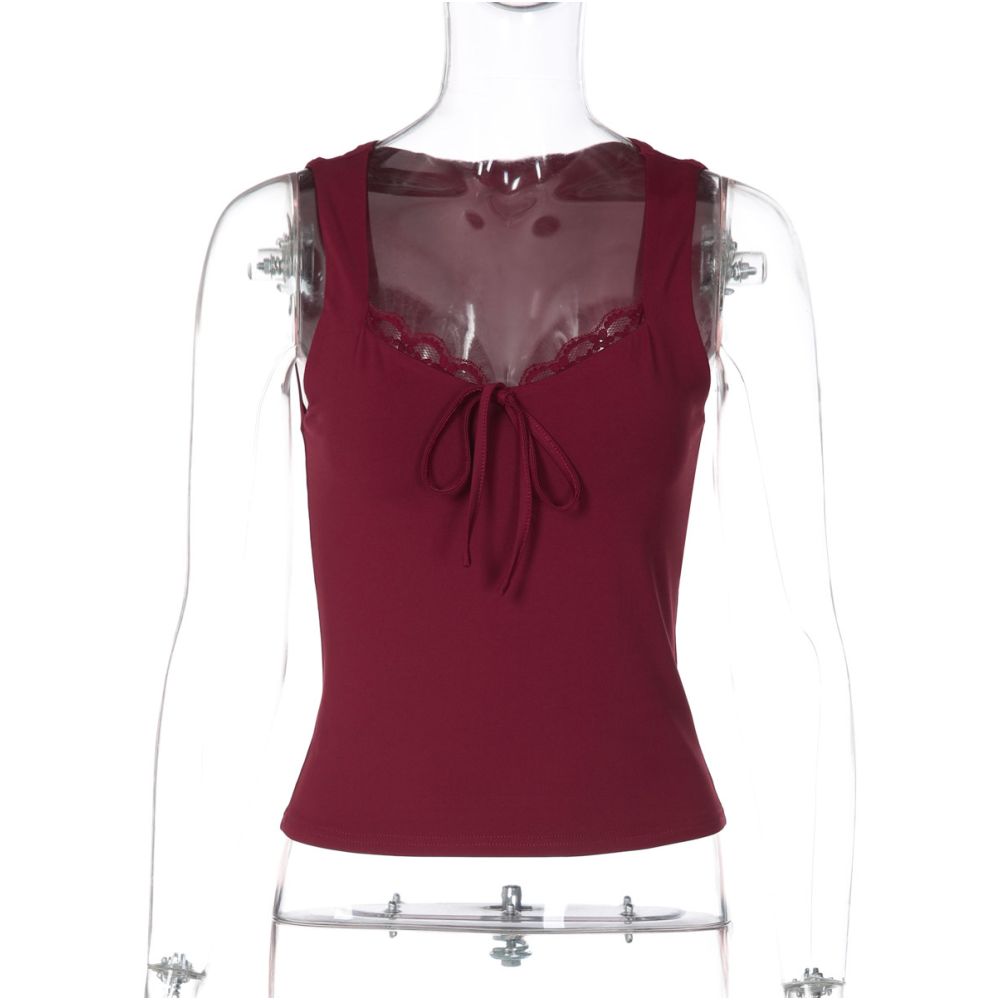 Shemoda European and American style square neck lace patchwork drawstring tank top for women slim fit and slimming spicy girl short top