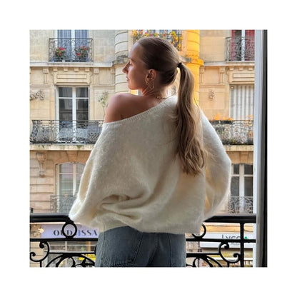 Shemoda autumn and winter lazy style loose casual soft glutinous sweater women s diagonal shoulder chic age reducing knitted long sleeved top image 3