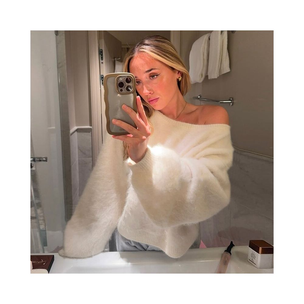 Shemoda autumn and winter lazy style loose casual soft glutinous sweater women s diagonal shoulder chic age reducing knitted long sleeved top image 4