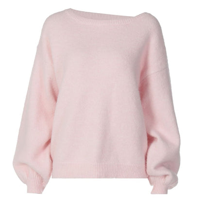 Shemoda autumn and winter lazy style loose casual soft glutinous sweater women s diagonal shoulder chic age reducing knitted long sleeved top image 5