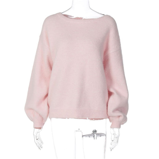Shemoda autumn and winter lazy style loose casual soft glutinous sweater women s diagonal shoulder chic age reducing knitted long sleeved top