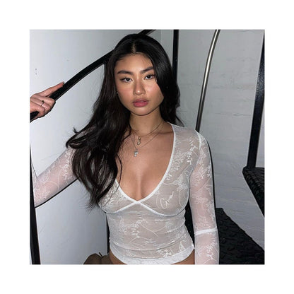 European and American style sexy hot girl V neck slim fit long sleeved T shirt with women s design sense double layer mesh lace patchwork top image 3