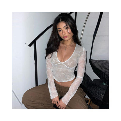 European and American style sexy hot girl V neck slim fit long sleeved T shirt with women s design sense double layer mesh lace patchwork top image 4