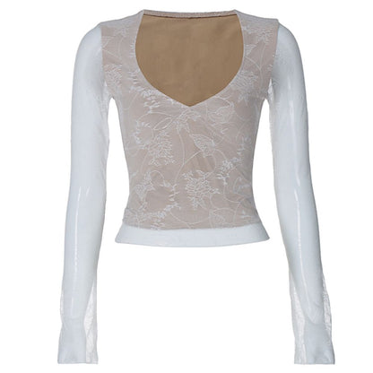 European and American style sexy hot girl V neck slim fit long sleeved T shirt with women s design sense double layer mesh lace patchwork top image 5