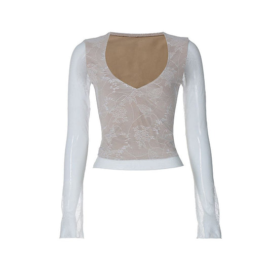 European and American style sexy hot girl V neck slim fit long sleeved T shirt with women s design sense double layer mesh lace patchwork top