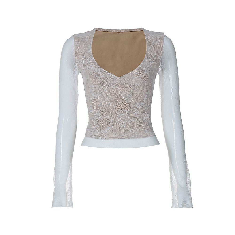 European and American style sexy hot girl V neck slim fit long sleeved T shirt with women s design sense double layer mesh lace patchwork top