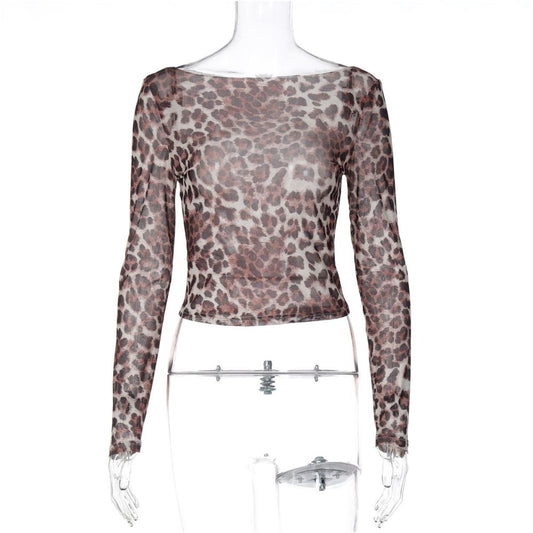 Shemoda European and American style sexy leopard print micro transparent mesh one shoulder long sleeved T shirt for women s niche spicy girl top