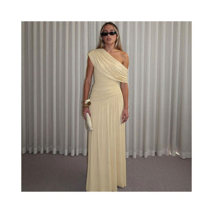 Shemoda Irregular Slant Collar Off Shoulder Dress for Women Stretch Slimming Folded High Waist Splicing Falling Long Dress image 2