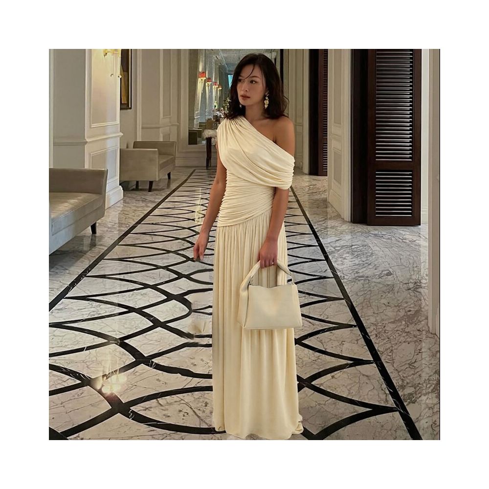Shemoda Irregular Slant Collar Off Shoulder Dress for Women Stretch Slimming Folded High Waist Splicing Falling Long Dress image 3