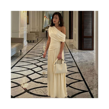 Shemoda Irregular Slant Collar Off Shoulder Dress for Women Stretch Slimming Folded High Waist Splicing Falling Long Dress image 3