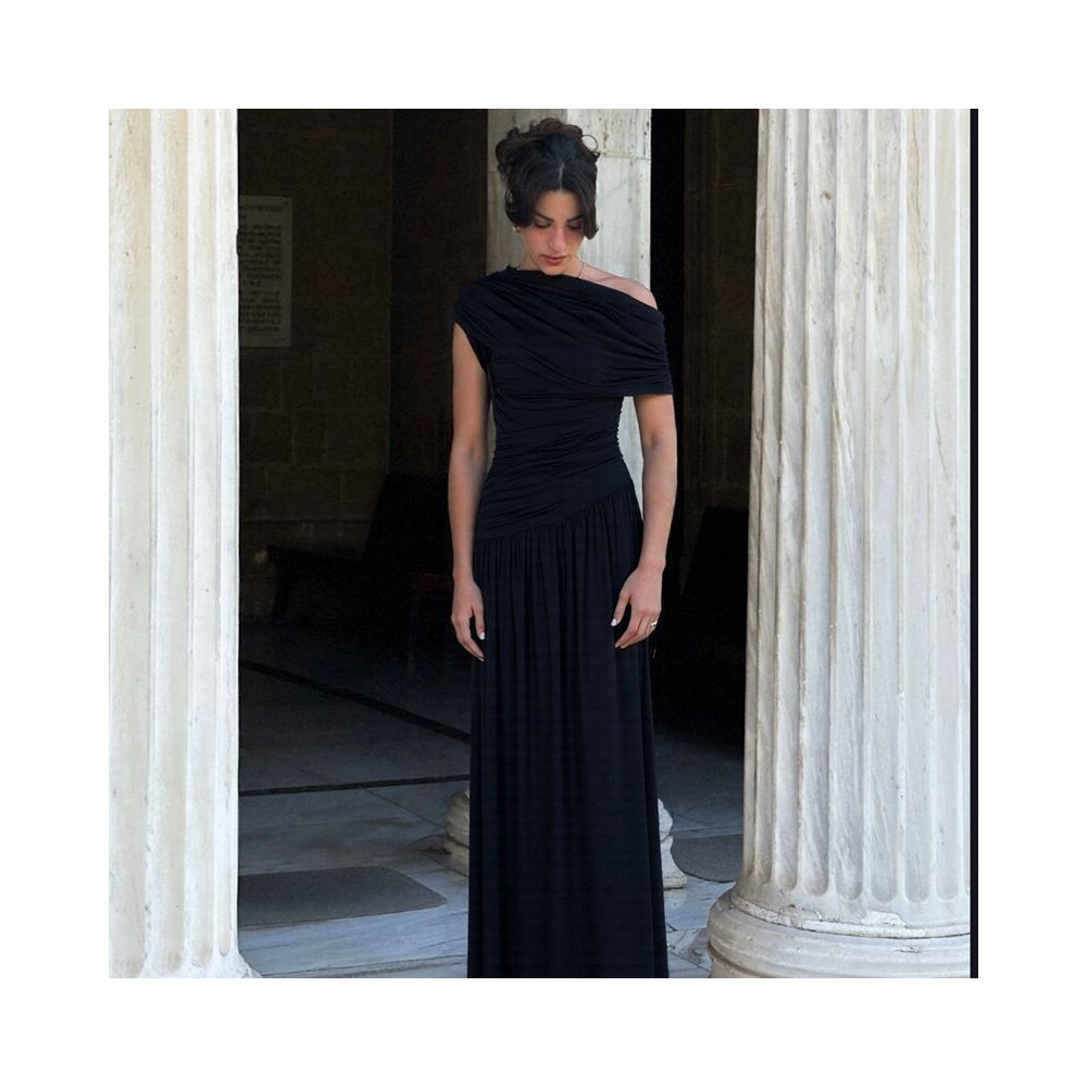 Shemoda Irregular Slant Collar Off Shoulder Dress for Women Stretch Slimming Folded High Waist Splicing Falling Long Dress image 4
