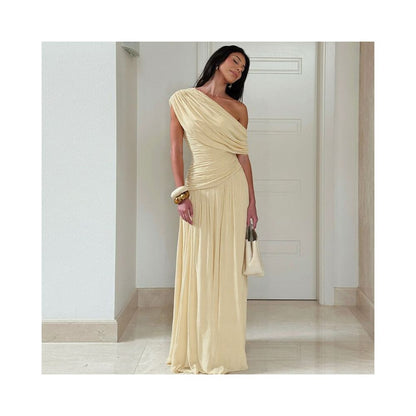 Shemoda Irregular Slant Collar Off Shoulder Dress for Women Stretch Slimming Folded High Waist Splicing Falling Long Dress