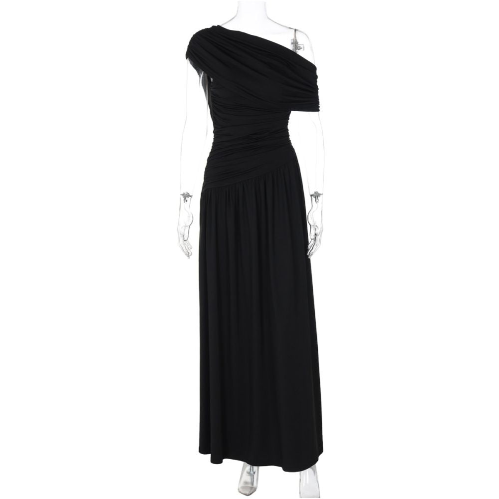Shemoda Irregular Slant Collar Off Shoulder Dress for Women Stretch Slimming Folded High Waist Splicing Falling Long Dress