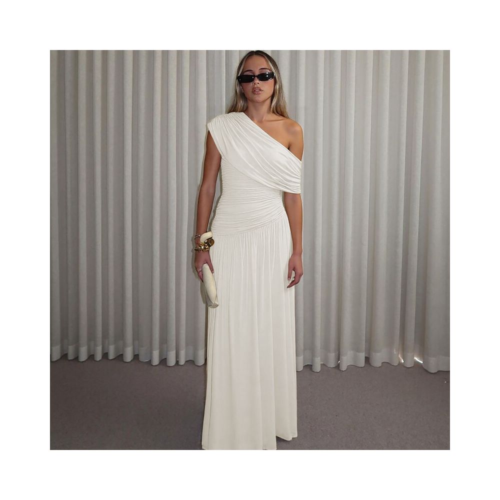 Shemoda Irregular Slant Collar Off Shoulder Dress for Women Stretch Slimming Folded High Waist Splicing Falling Long Dress