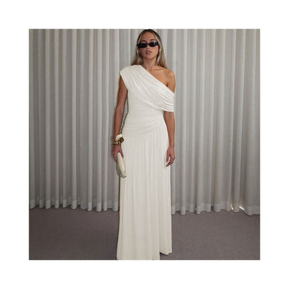 Shemoda Irregular Slant Collar Off Shoulder Dress for Women Stretch Slimming Folded High Waist Splicing Falling Long Dress