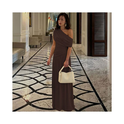 Shemoda Irregular Slant Collar Off Shoulder Dress for Women Stretch Slimming Folded High Waist Splicing Falling Long Dress