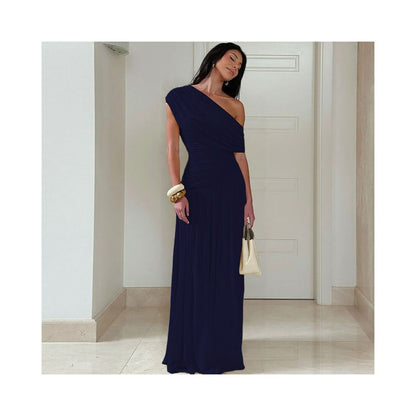 Shemoda Irregular Slant Collar Off Shoulder Dress for Women Stretch Slimming Folded High Waist Splicing Falling Long Dress