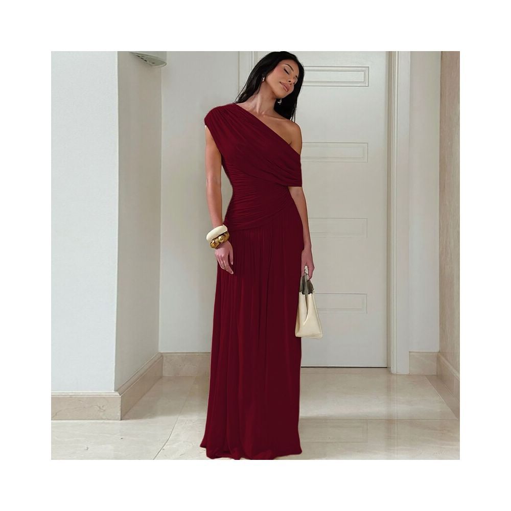 Shemoda Irregular Slant Collar Off Shoulder Dress for Women Stretch Slimming Folded High Waist Splicing Falling Long Dress