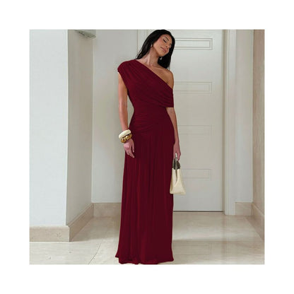 Shemoda Irregular Slant Collar Off Shoulder Dress for Women Stretch Slimming Folded High Waist Splicing Falling Long Dress