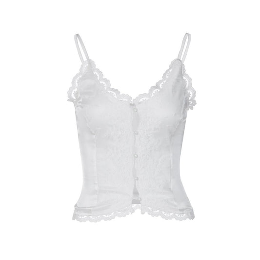European and American style lace patchwork V neck single breasted camisole vest for women in the summer of 2025 slim fit and slimming hot girl top