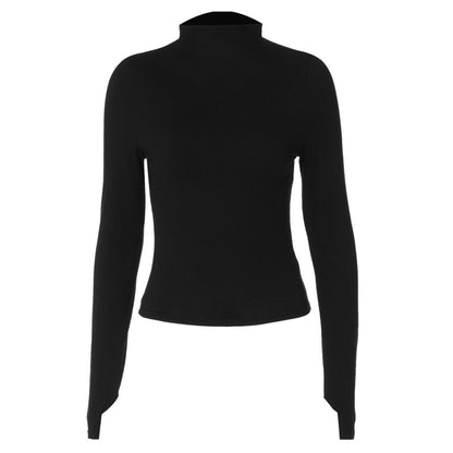 Shemoda autumn versatile solid color half high collar exposed finger long sleeved base shirt T shirt women s elastic high waist slim fit top image 5
