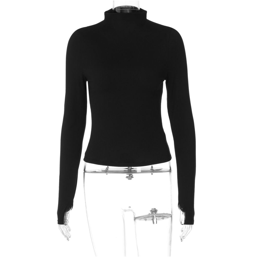 Shemoda autumn versatile solid color half high collar exposed finger long sleeved base shirt T shirt women s elastic high waist slim fit top